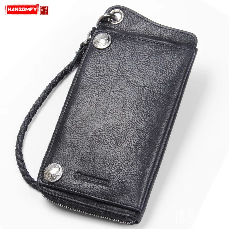 Handmade Retro Men's Wallet Buckle Mobile Phone Bag Anti-theft Chain Card Holder Wallets Original Long Zipper Genuine Leather