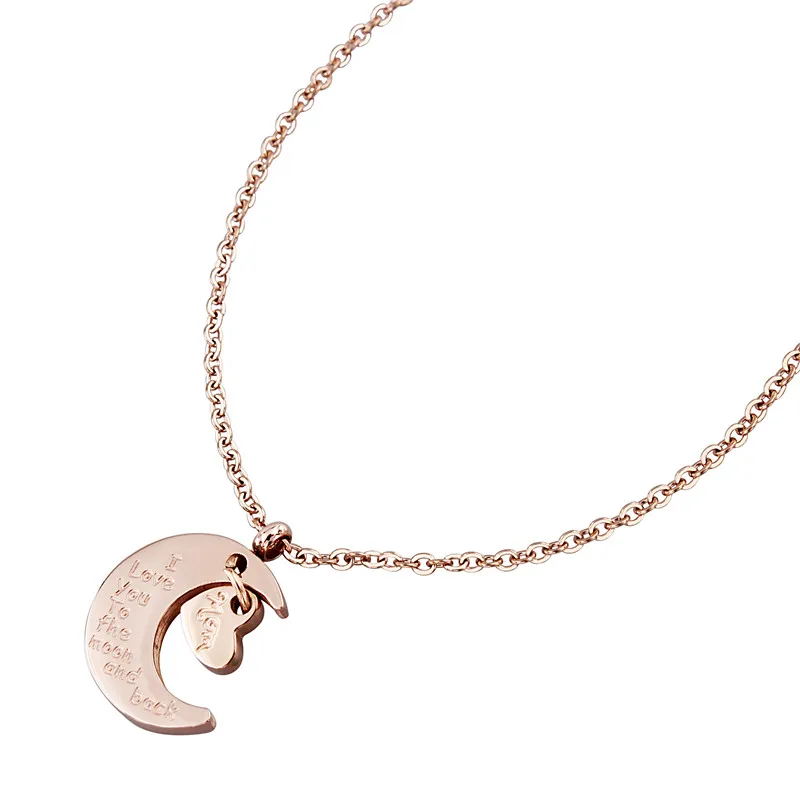 

Romantic Stainless Steel Heart Moon Necklace I Love you Moon Back Rose Gold Pendant Mom Daughter Son Choker Necklaces for Women