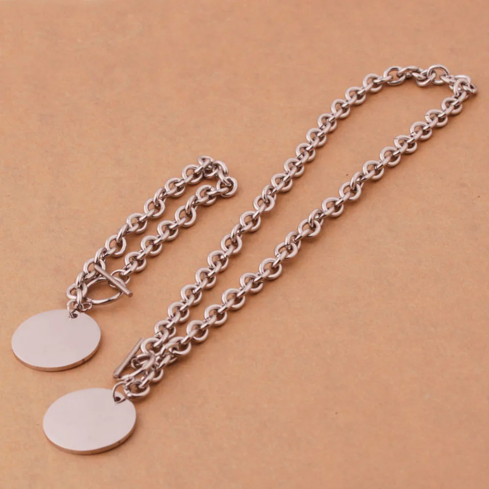 Fashion Jewelry Women's Silver Stainless Steel Rolo Chain Round Medallion Charm Necklace Bracelet Set | Украшения и