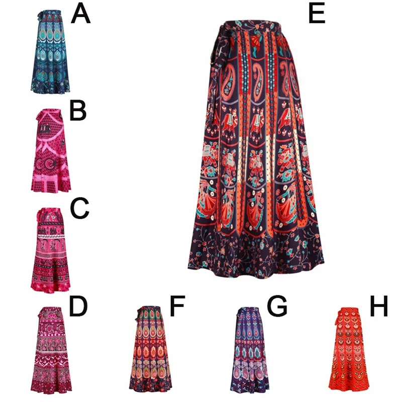 Boho Wrap Around Floral Print Maxi Skirt Women Elegant Indian Tribal Style Bohemian Long Beach Skirts Womens