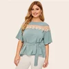 SHEIN Размер Плюс Топ С Поясом И Вышивкой Топ С Средним Рукавом И Сетчатой Вставкой И Аппликацией Плюс Размер Блузка С Вышивкой Женские Элегантные Блузки С Поясом