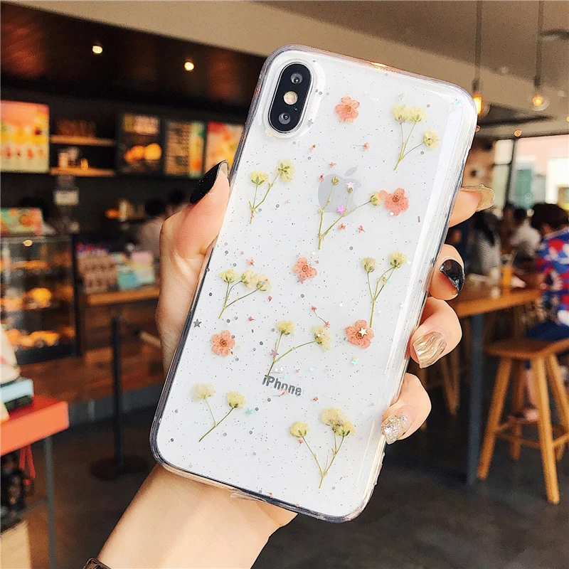 Real Flowers Transparent Soft TPU Phone Case For iPhone X XS XR Max 6 6S 7 8 Plus Dried Bling beautiful Back Cover | Мобильные