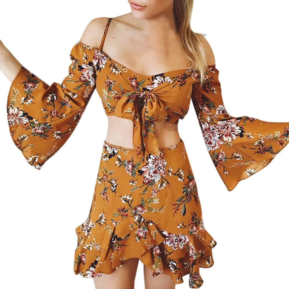 

2019 New Hot Summer 2 Two Piece Set Women Sexy Off Shoulder Bohemian Print Beach A0320