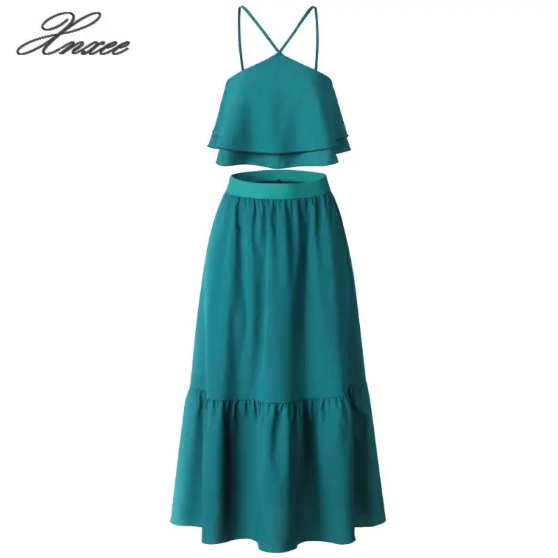 

Women Suit Halter Strapless Backless Crop Top+Skirt Set Female Ruffles Patchwork 2PCS Women Party Two Pieces Sets
