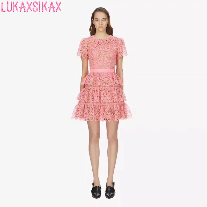 LUKAXSIKAX Мода 2018 Новое Женское летнее платье высокого качества розовое кружевное