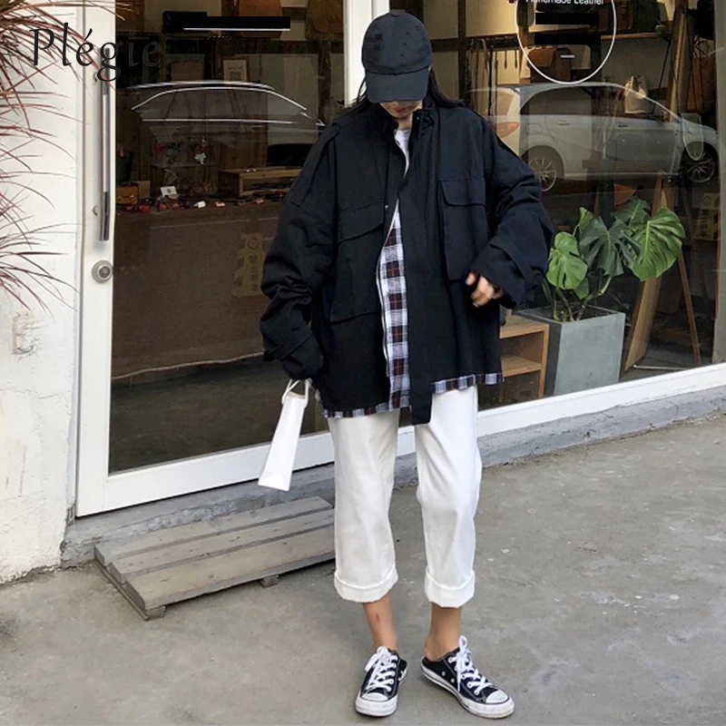 

Plegie Harajuku Oversized Plaid Patchwork Jacket Women 2019 Spring New Outwear Coat Hip Hop Streetwear Loose BF Style Jackets