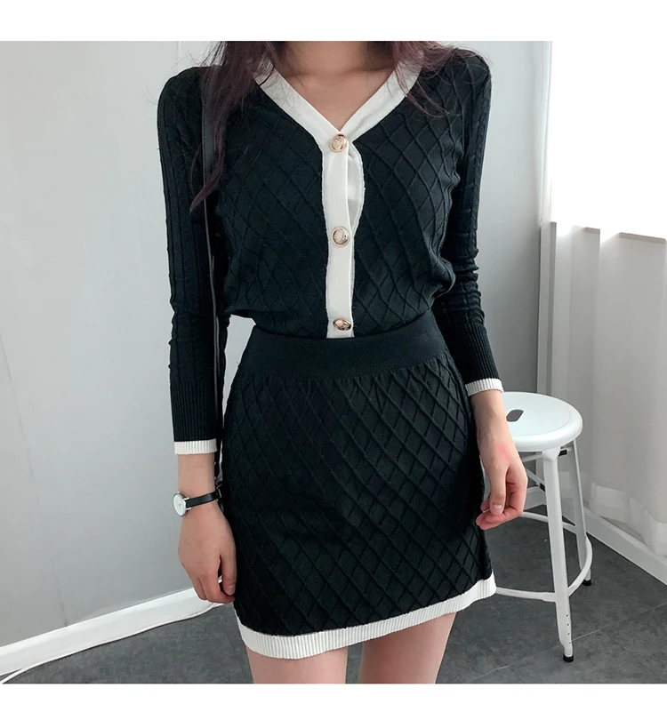 H Han queen/Новые Модные Цветные костюмы в Корейском стиле, вязаный кардиган с v-образным вырезом, топ и облегающая юбка с высокой талией, OL, комплект из 2 предметов