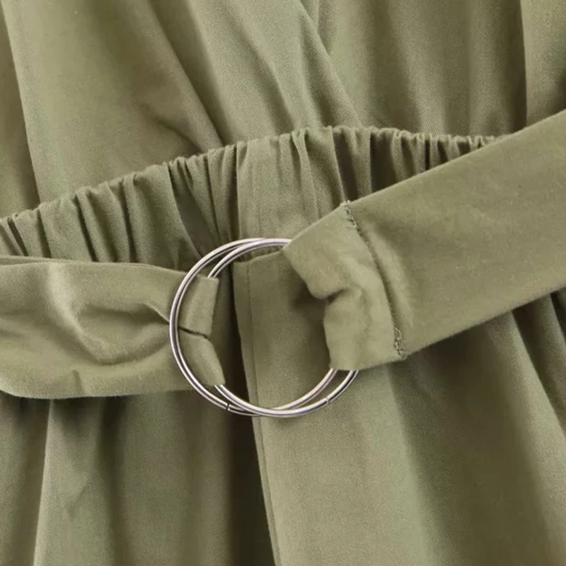 Женское зеленое длинное платье повседневное хлопковое с поясом винтажное
