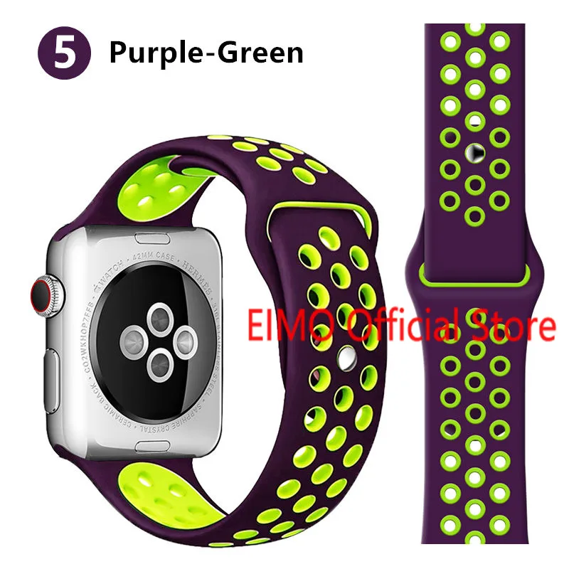 purple green 5 Ремешок для Apple Watch, 44 мм, 40 мм, 42 мм, 38 мм, iwatch series 5, 4, 3, 2, 1, спортивный силиконовый браслет, ремешок для часов, аксессуары для часов - Цвет ремешка: purple green 5