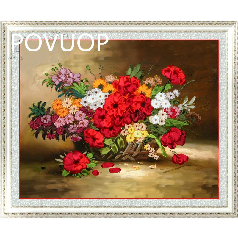 POVUOP ленты вышивка, холст размер 60X50 см Висячие картины, гостиная, красный хрустящий, ручная печать, вышивка крестом, стиль
