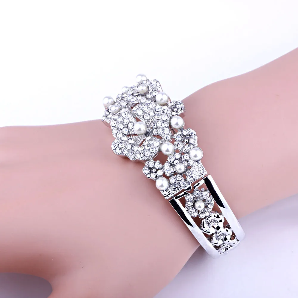 

Fashion Wedding Jewelry Silver Plated Imitation Pearl Flower Open Bangles for Women Crystal Cuff Bracelets & Bangles