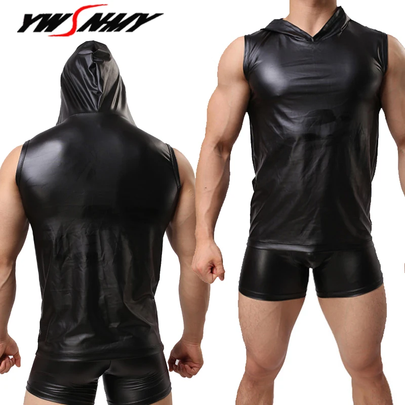 

Mens PU Leather Gyms Bodybuilding Tank Top Sexy Men Male Fitness Hooded Sleeveless Shirt Tight Top Muscle Guys Gay Undershirt