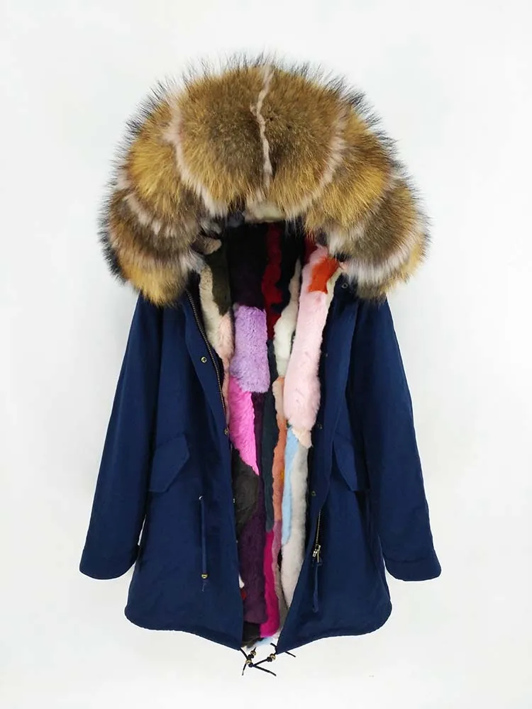raccoon fur collar Непромокаемая парка Зимняя куртка Для женщин Настоящее меховое пальто Натуральный воротник Натуральный Мех кролика Длинная одежда для улицы - Цвет: raccoon fur collar