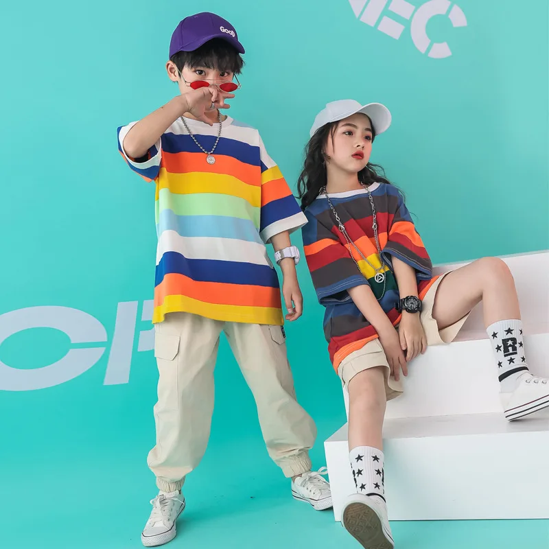 Летний детский костюм в стиле джаз из 2 предметов футболки с короткими рукавами для девочек-подростков+ однотонные Штаны свободная уличная одежда в радужную полоску для больших мальчиков