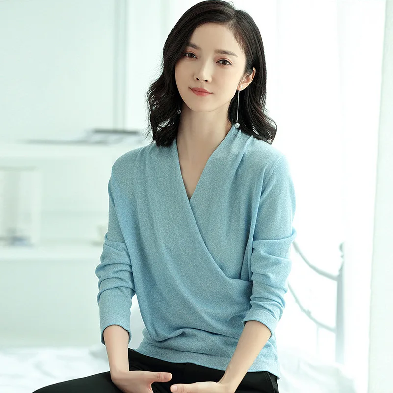 Осенняя мода V шеи с длинным рукавом свитер офис леди тонкий 4 сплошной цвет