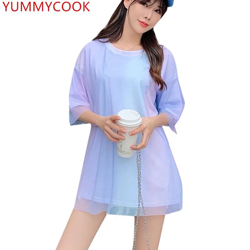 YUMMYCOOK женская модная обувь градиент с сетчатой юбкой коротким рукавом Футболка