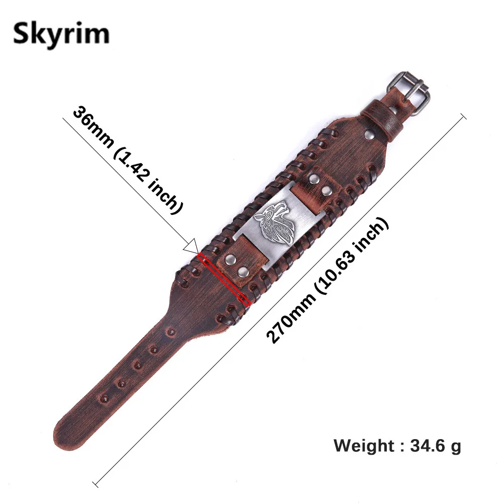 Skyrim Викинг-волк голова металлический Шарм Широкий Кожаный Браслет-манжета подростковый волк скандинавские регулируемые винтажные браслеты панк ювелирные изделия для мужчин