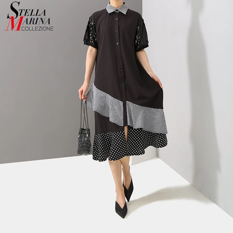 Новинка 2019 летнее женское черное платье рубашка миди со спущенными оборками и