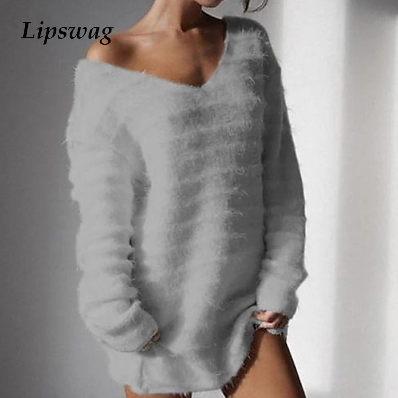 Lipswag 5XL, Женский Топ, осенний, длинный рукав, Однотонный свитер, пуловеры, v-образный вырез, флис, зимний, Повседневный, свободный, размера плюс, теплый женский джемпер