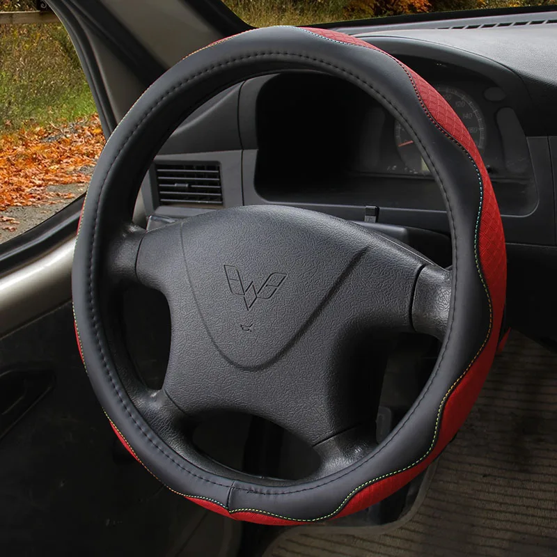 

KKYSYELVA Leather Steering Wheel Covers for Car Bus Truck 36 38 40 42 45 47 50cm Diameter Auto Steering-wheel cover