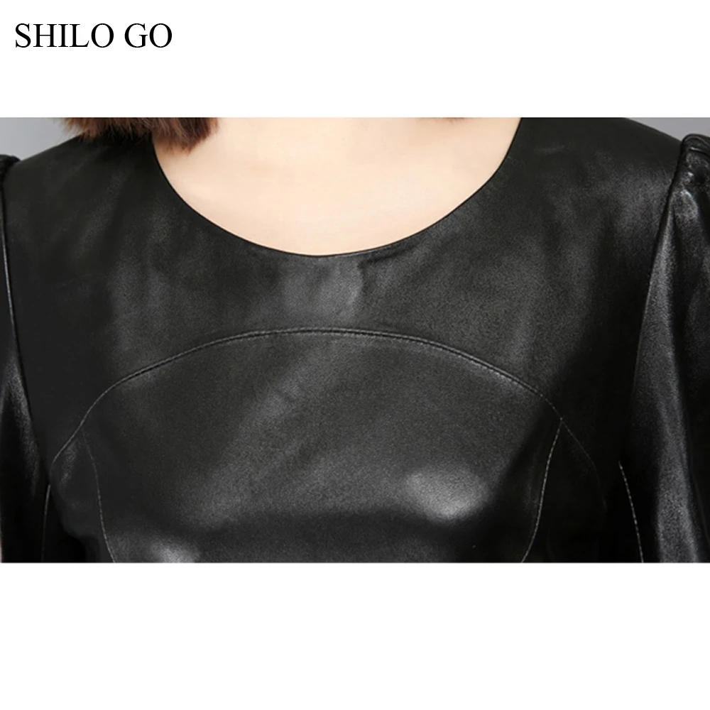 Женское винтажное платье трапеция SHILO GO черное из натуральной овечьей кожи с