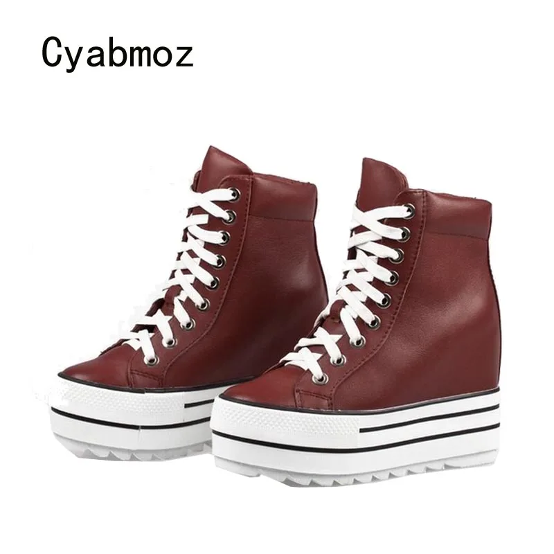 

Cyabmoz Women Wedge Platform Shoes Genuine leather High Heels Thick bottom Woman Height increasing Lace up Casual Ladies shoes