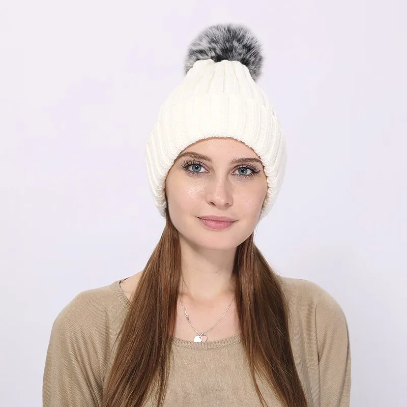 Для женщин трикотажные искусственного меха лисы Pom pom hat одноцветное Цвета