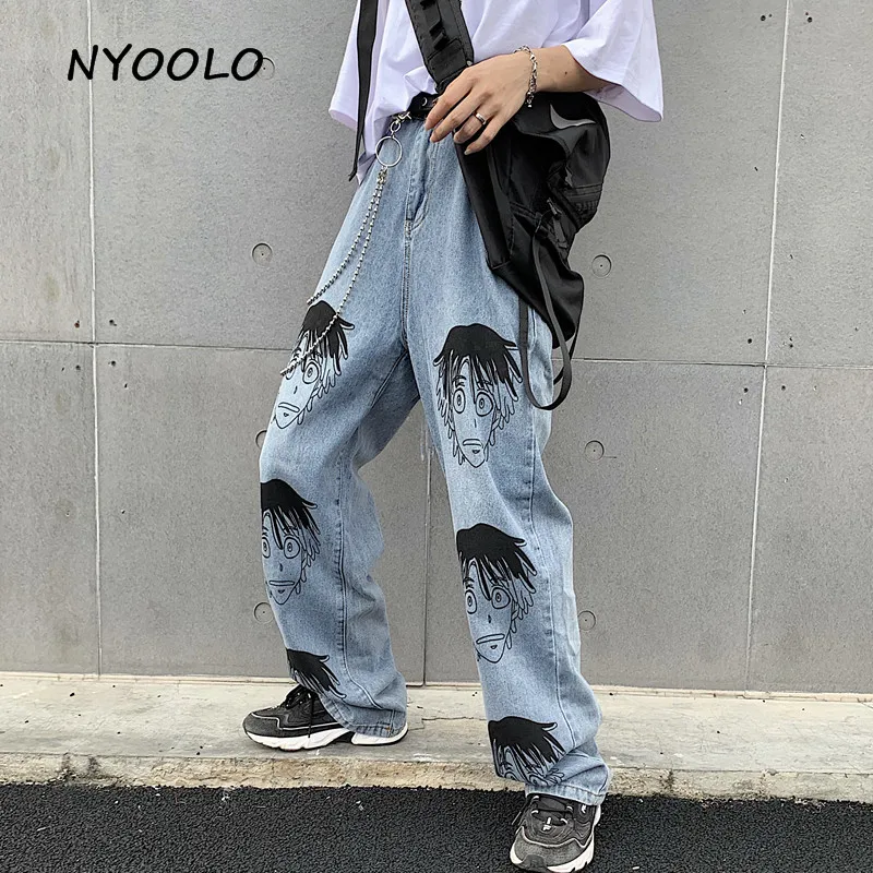 NYOOLO Harajuku, винтажные свободные джинсовые штаны в стиле хип-хоп с изображением комиксов, повседневные длинные прямые джинсы для мужчин и женщин, уличная одежда