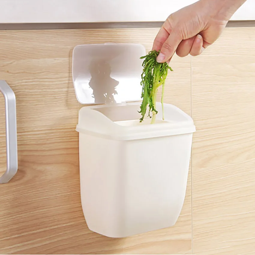 

1PC Container Wall-mounted Trash Can With Lid Plastic Debris Storage Box Nail-free Trash Bin Organizer Kitchen Toilet Supplies