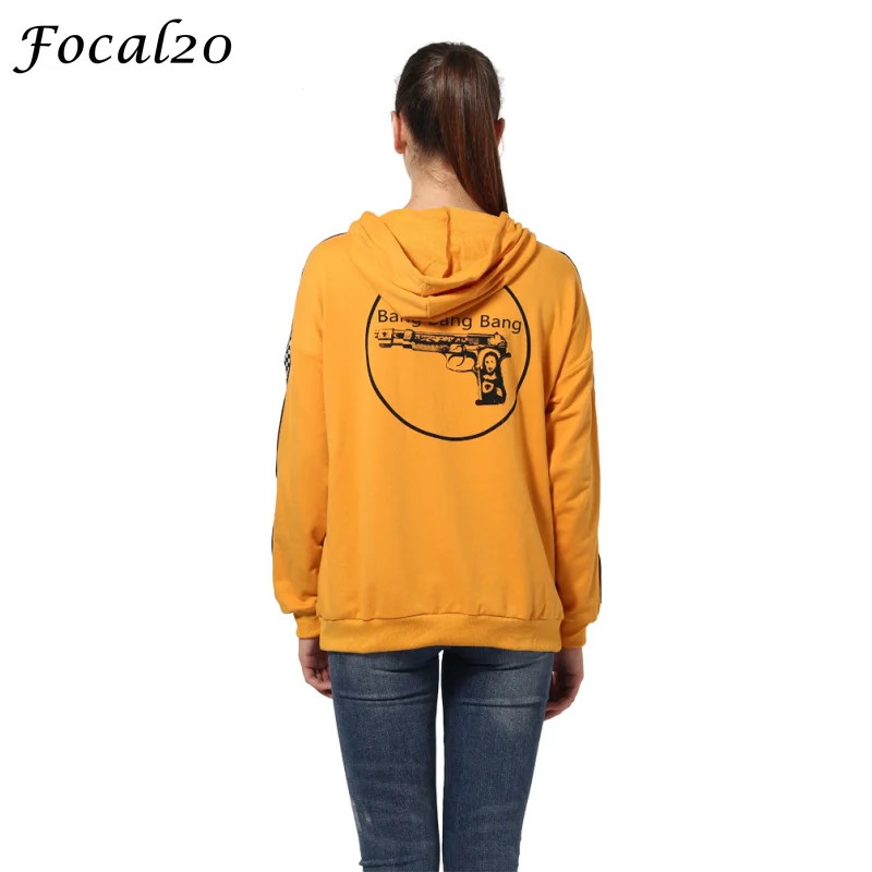 

Focal20 Autumn Women Hooded Sweatshirt Letter Bang Gun Print Hoodies Casual Long Sleeve Plaid Oversize Pullover Streetwear