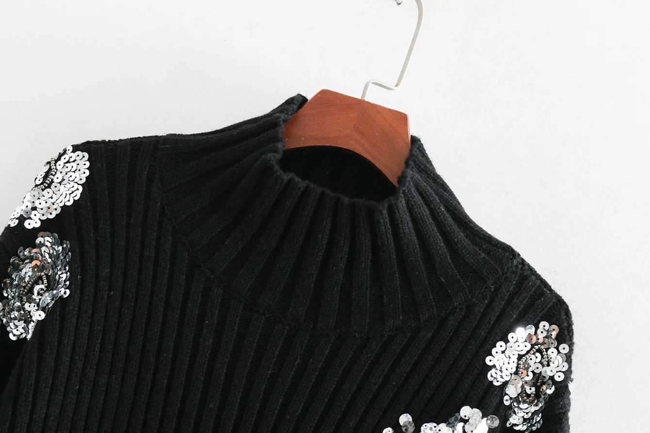 Autumn Sequined WomenTurtleneck Knitted Basic Sweaters Winter Warm Floral Long Sleeve Pullover Top Black loose Pull Femme Jumper | Женская