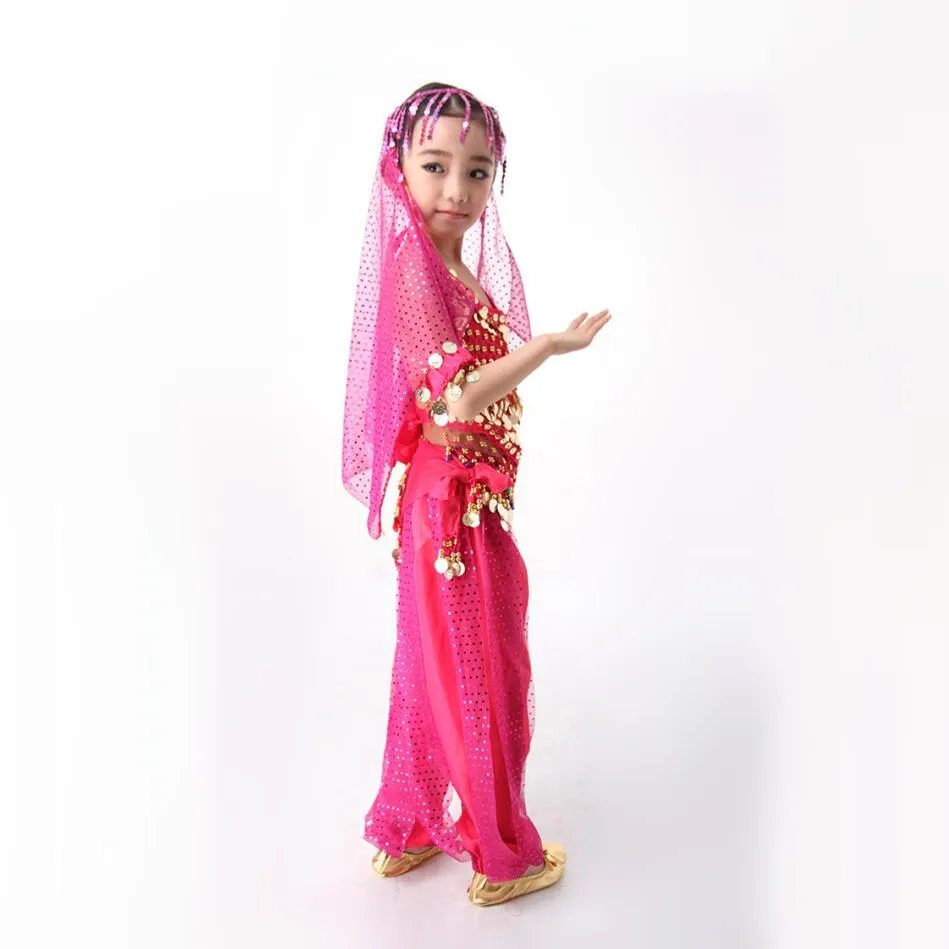 Детский костюм для танца живота комплект из топа и брюк с шарфом на бедрах одежда