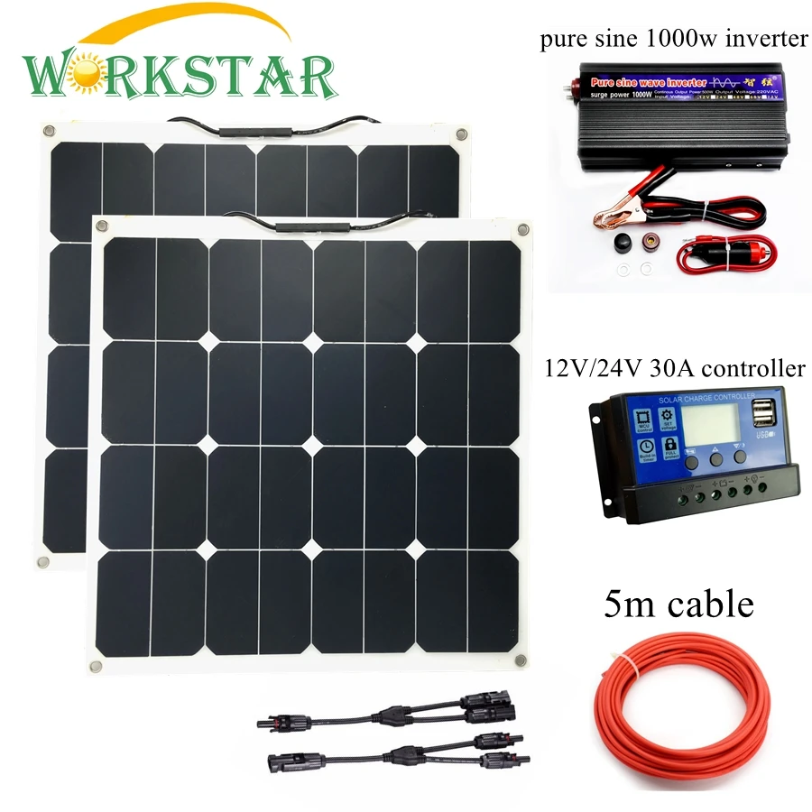 Sunpower 2*50 Вт гибкие солнечные панели с 30A контроллер и 1000 инвертор 100 Солнечный