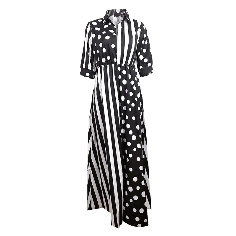 Springr Autumn Women Dress Stripe Single-Breasted Shirt Dot Printed Loose Long Party Dresses Half Sleevel Vestidos Vintage | Женская