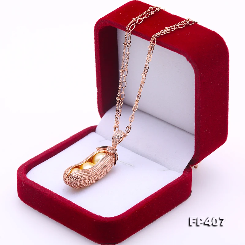 Pea Pod Pendant Perfect 10.5mm Gold Round Freshwater Pearl Necklace | Necklaces