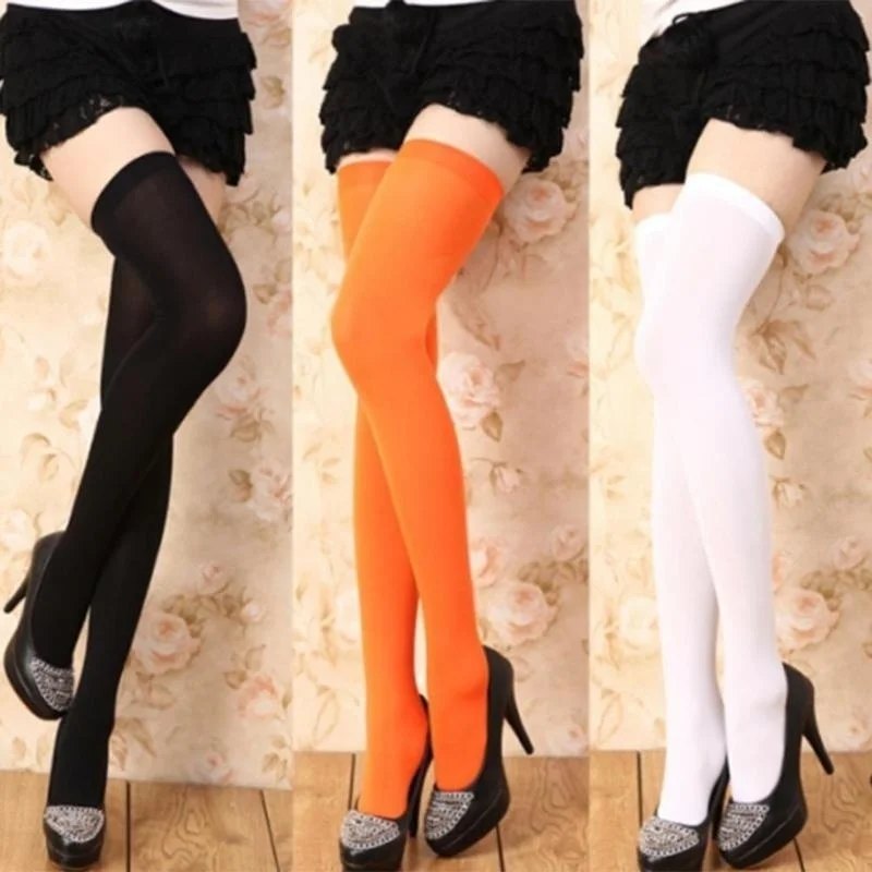 1Pair Women Girls Opaque Over Knee Thigh High Elastic Sexy Stockings Black/White Over the knee stockings Women Stocking