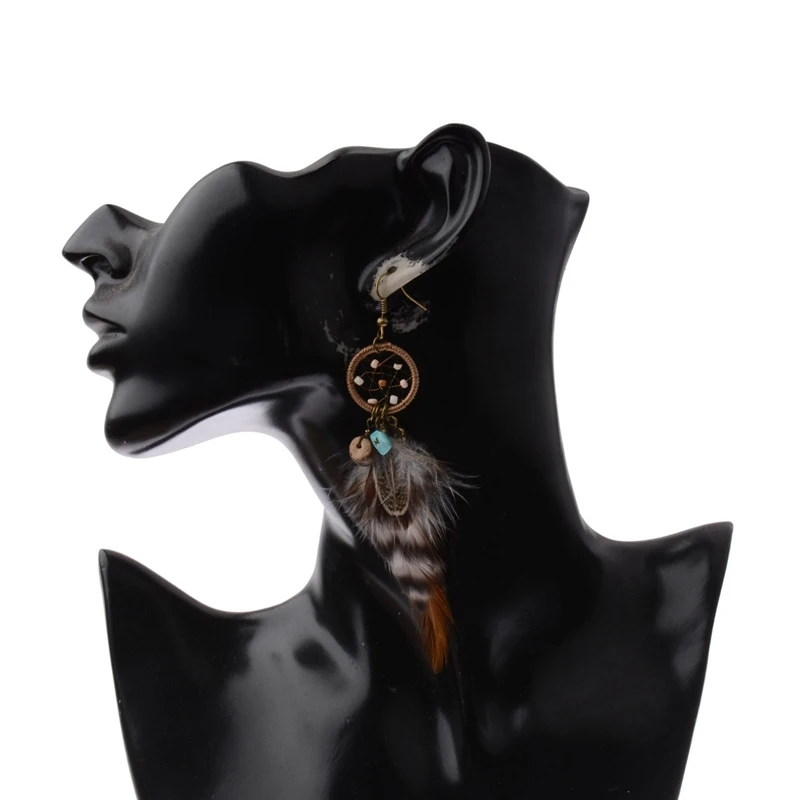 

TopHanqi Bohemian Hollow Dream Catcher Leaf Feather Earrings For Women Indian Jewelry Blue Natural Stone Drop Dangle Earrings