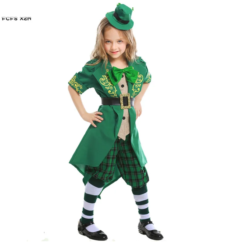 Green Girls Halloween Ireland Fairy Traditional Costumes Kids Children Irish Leprechaun Elf Cosplay Purim Carnival Party Dress |