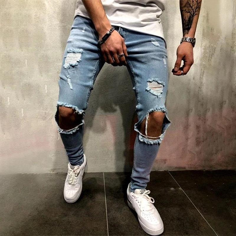 

Jeans Men Streetwear Men's Jeans Vintage Blue Gray Color Skinny Destroyed Ripped Jeans Broken Punk Pants Homme Hip Hop C1299