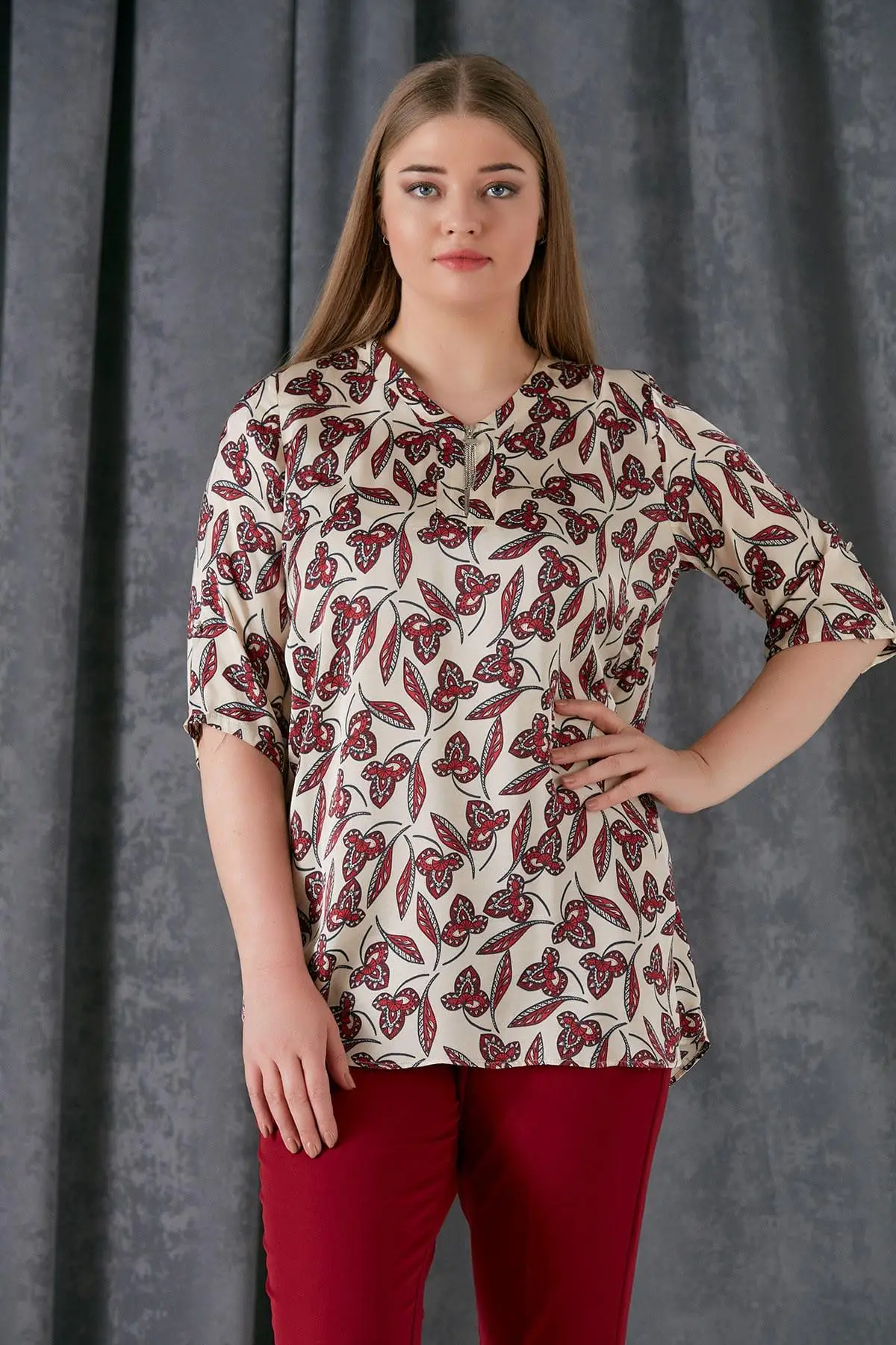 RMG женская бордовая блузка с воротником на молнии цветочным принтом 6538 |Блузки| |