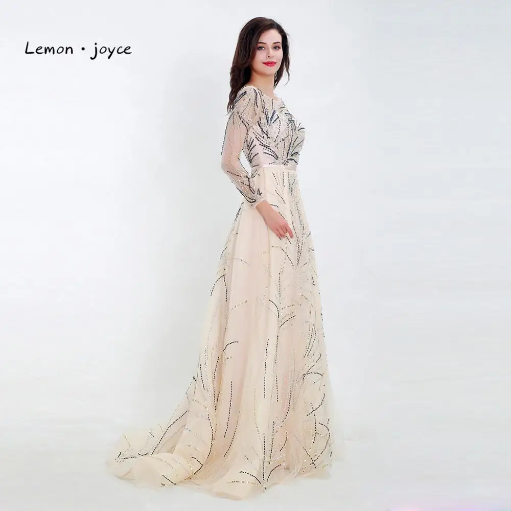 Lemon joyce Formal Evening Dresses with Long Sleeves O-neck Illusion A-Line Prom Dress Party Gowns Plus Size