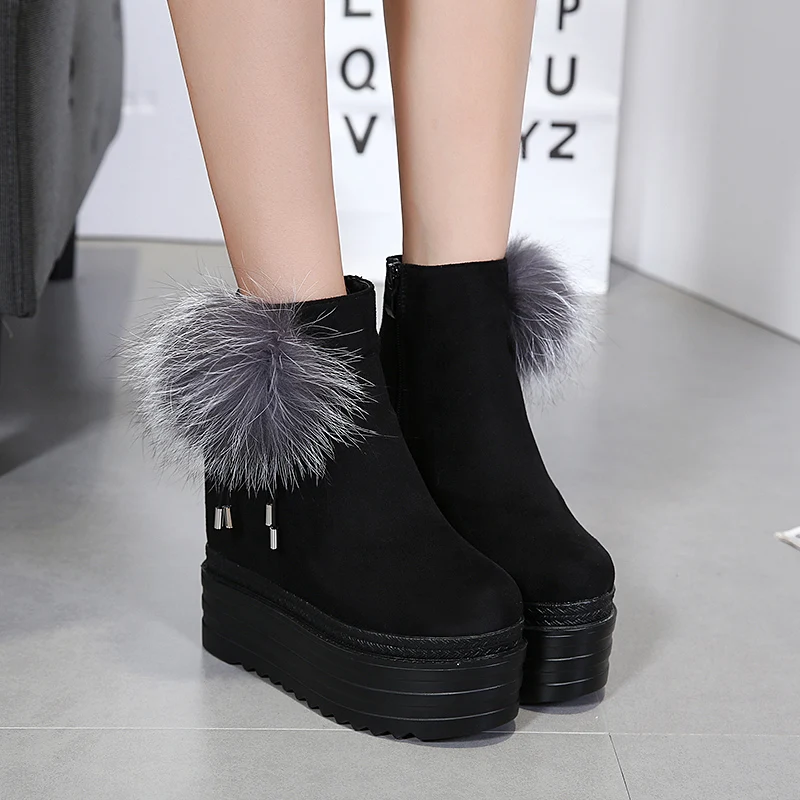 Женские ботинки на высоком каблуке 13 см Осенняя обувь танкетке для женщин черные