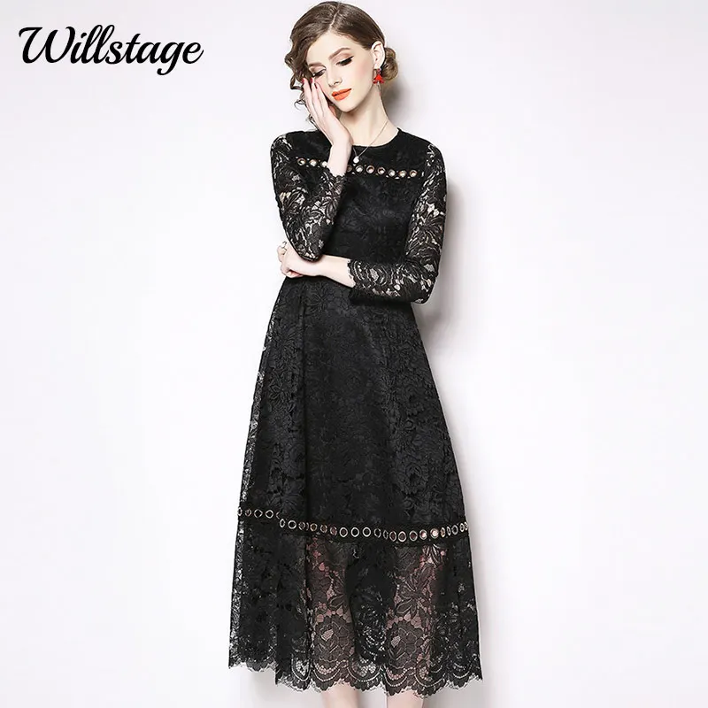 Черное Кружевное женское платье Willstage с длинным рукавом элегантные платья