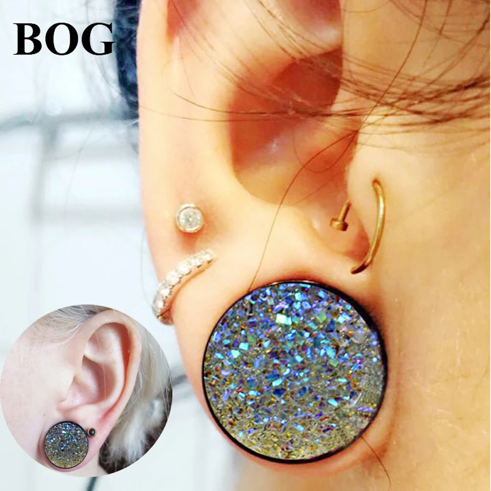 BOG-PAIR синтетический Druzy двойное расклешенное седло для ушей из дерева, тоннель, пробки для пирсинга, расширитель для ушей, модные ювелирные изделия 8-18 мм