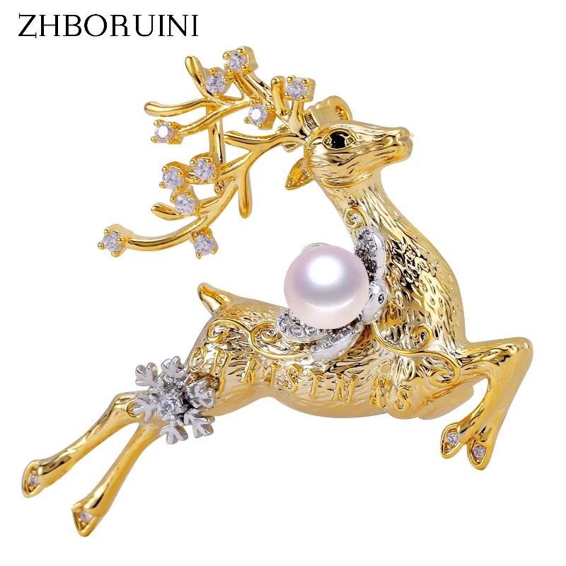 ZHBORUINI 2019 New Fine Jewelry Natural Freshwater Pearl Brooch Elk Pins Women Dropshipping Christmas Gift | Украшения и