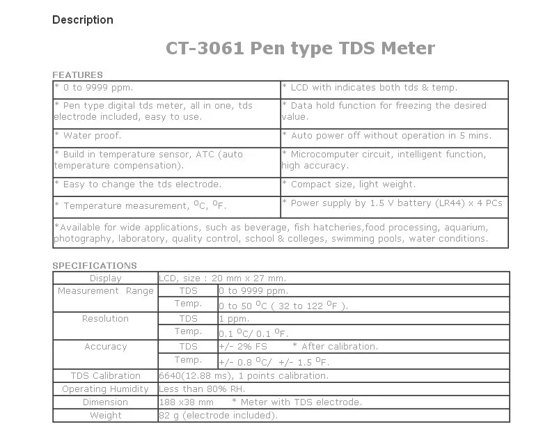 От 0 до 9999 ppm Ручка Тип Цифровой TDS метр Водонепроницаемый TDS тестер с ATC для аквариума лаборатория фабрика CT-3061
