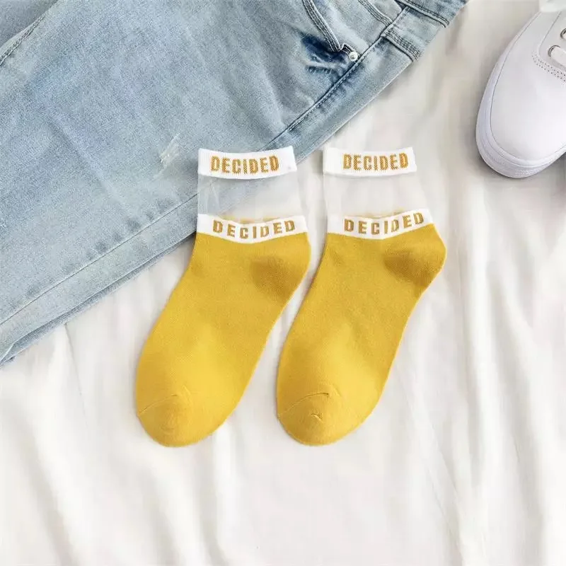 Yellow Летние прозрачные носки с буквенным принтом для девочек, женские хлопковые короткие носки с дырочками, тонкие повседневные короткие носки, удобные женские носки - Цвет: Yellow