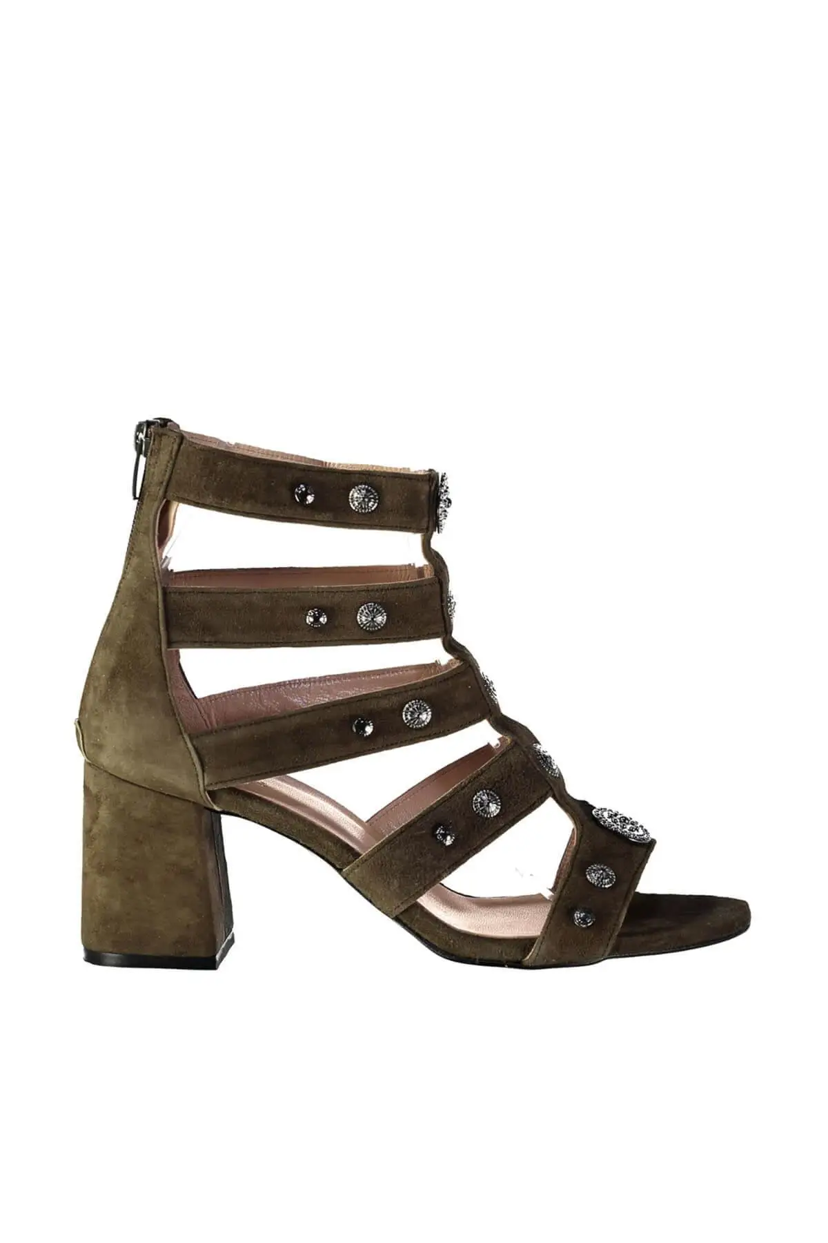 Женские туфли цвета хаки на высоком каблуке из натуральной кожи с жемчугом