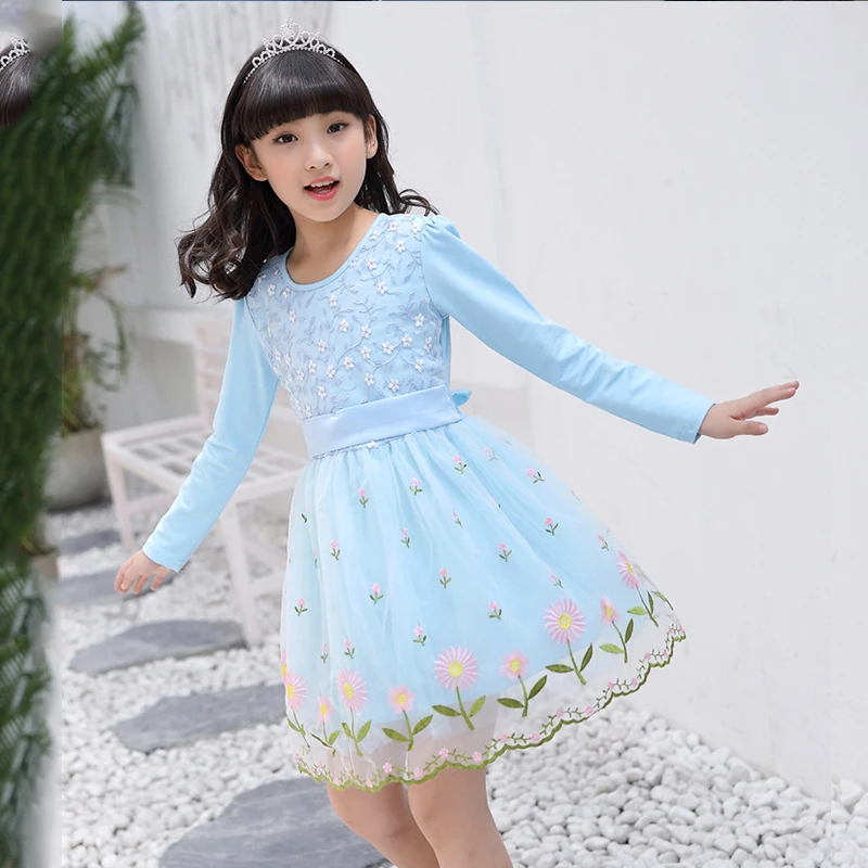 

Lace mesh embroidery vintage dress blue princess dress girl children performance wear organza embroidery floral dress back bow
