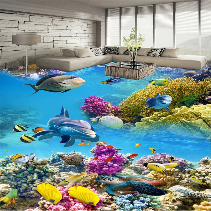 

beibehang Customize any size Mural HD Beautiful Underwater World Dolphin Floor 3D Painting papel de parede adesivo